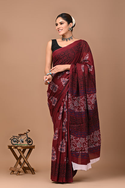 Jaipuri Printed Pure Cotton Mulmul Saree With Blouse - Mj Creation