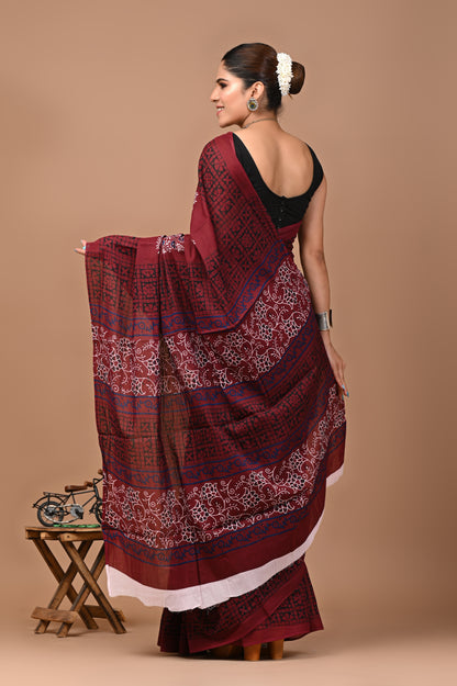 Jaipuri Printed Pure Cotton Mulmul Saree With Blouse - Mj Creation