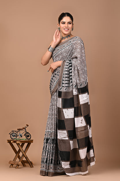 Jaipuri Printed Pure Cotton Mulmul Saree With Blouse - Mj Creation