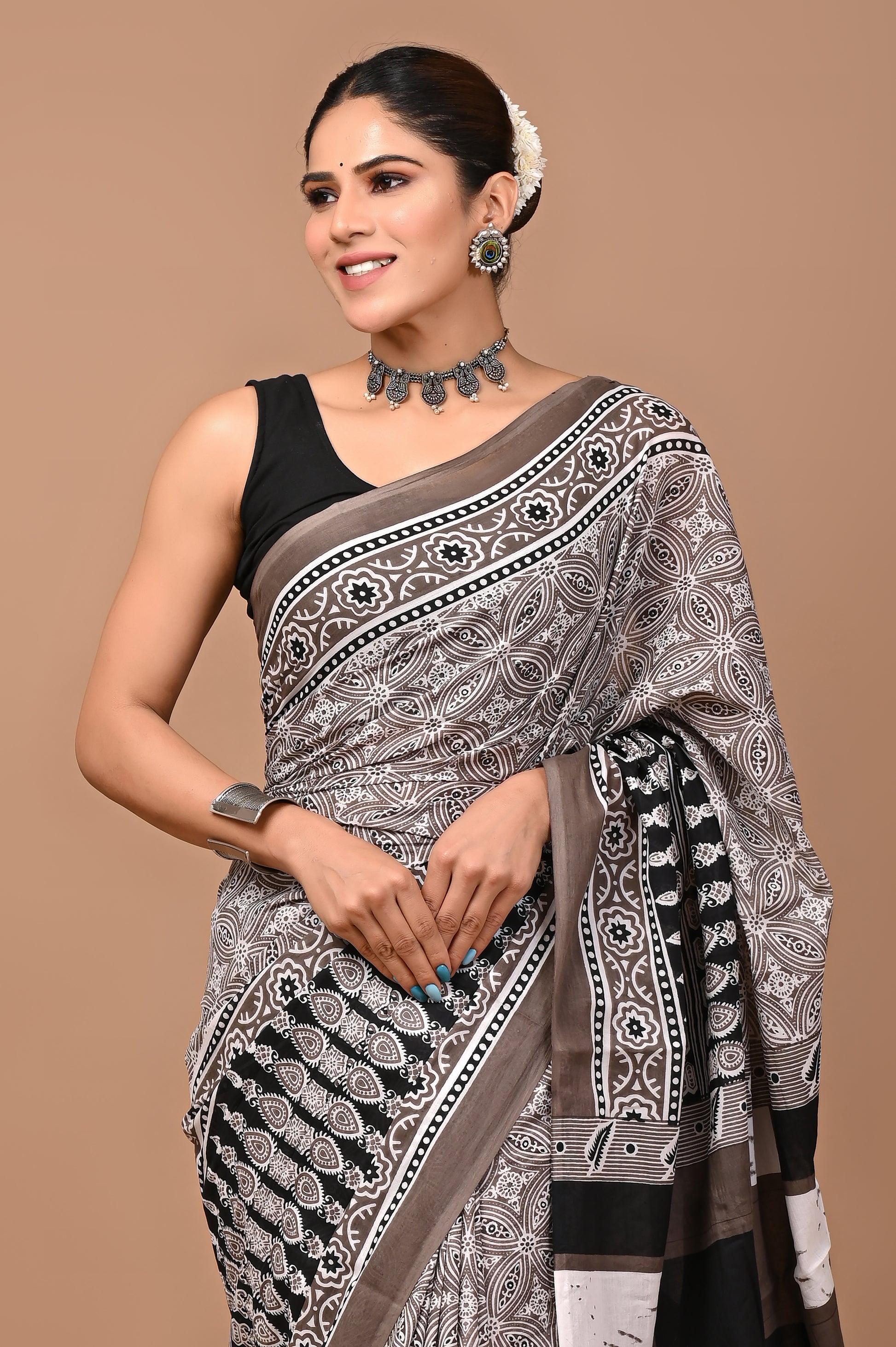 Jaipuri Printed Pure Cotton Mulmul Saree With Blouse - Mj Creation