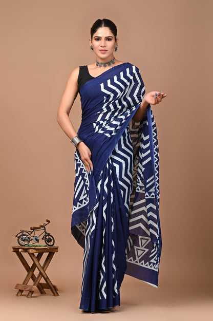 Jaipuri Printed Pure Cotton Mulmul Saree With Blouse - Mj Creation