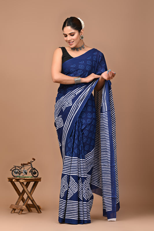 Jaipuri Printed Pure Cotton Mulmul Saree With Blouse - Mj Creation