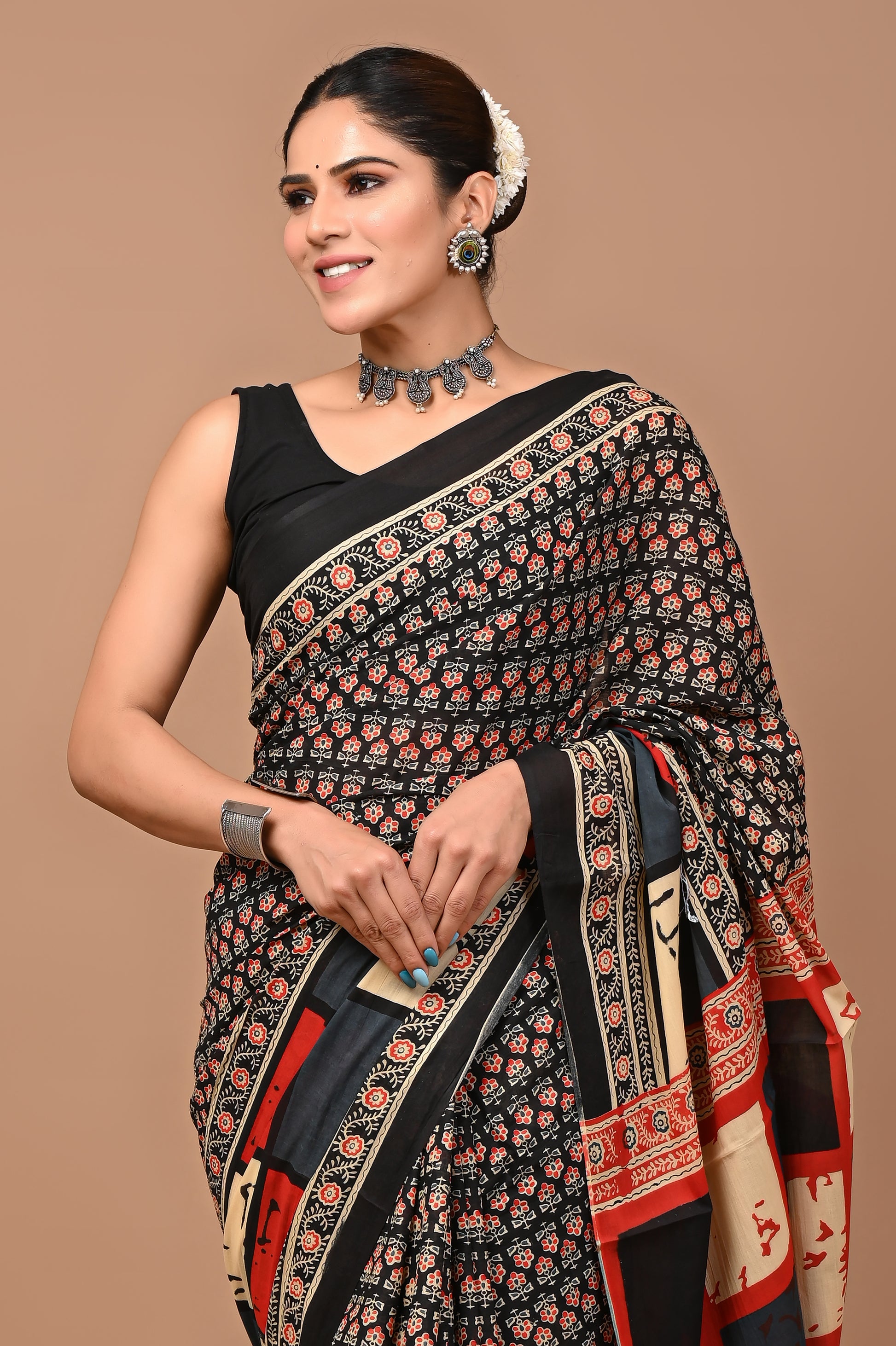 Jaipuri Printed Pure Cotton Mulmul Saree With Blouse - Mj Creation