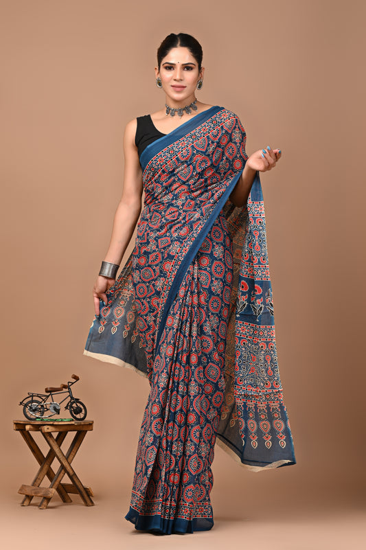 Jaipuri Printed Pure Cotton Mulmul Saree With Blouse - Mj Creation