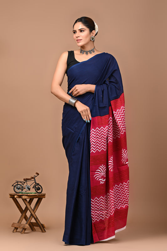 Jaipuri Printed Pure Cotton Mulmul Saree With Blouse - Mj Creation