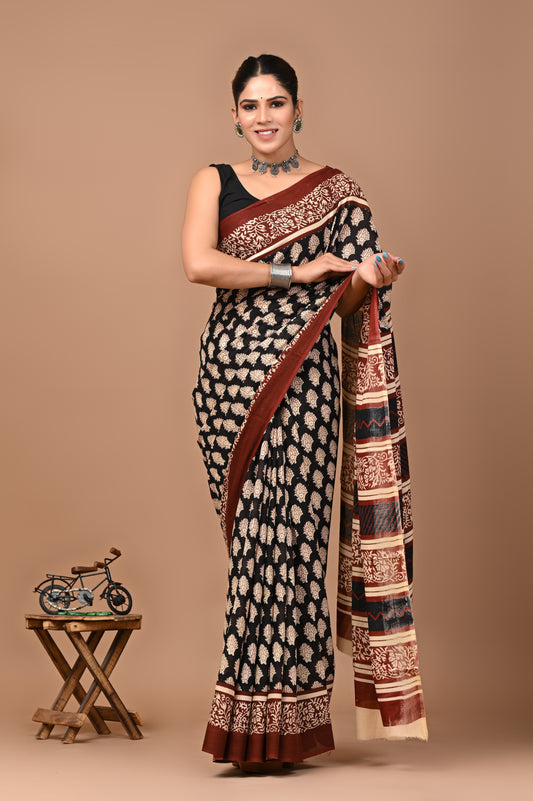 Jaipuri Printed Pure Cotton Mulmul Saree With Blouse - Mj Creation