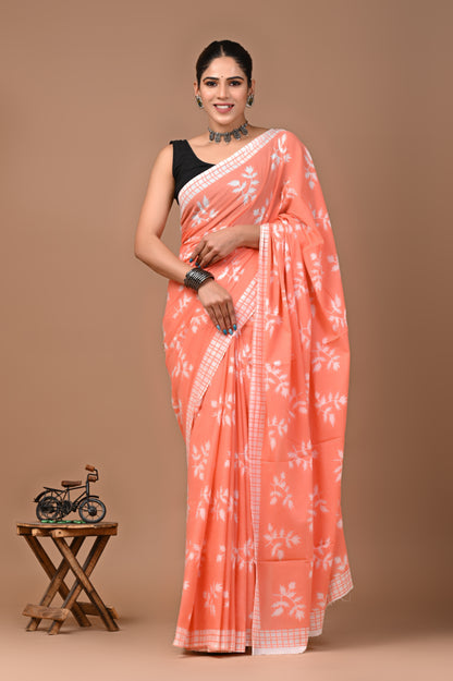 Jaipuri Printed Pure Cotton Mulmul Saree With Blouse - Mj Creation