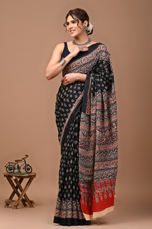 Jaipuri Printed Pure Cotton Mulmul Saree With Blouse - Mj Creation