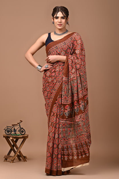 Jaipuri Printed Pure Cotton Mulmul Saree With Blouse - Mj Creation