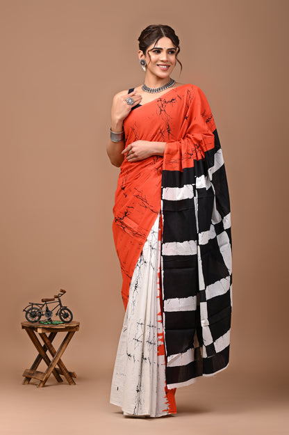 Jaipuri Printed Pure Cotton Mulmul Saree With Blouse - Mj Creation