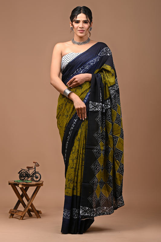 Jaipuri Printed Pure Cotton Mulmul Saree With Blouse - Mj Creation