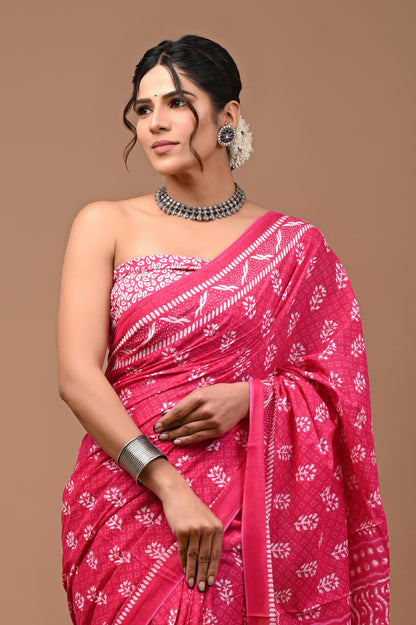 Jaipuri Printed Pure Cotton Mulmul Saree With Blouse - Mj Creation