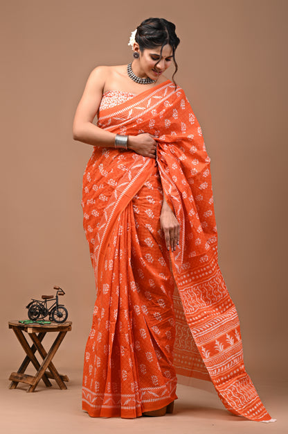 Jaipuri Printed Pure Cotton Mulmul Saree With Blouse - Mj Creation