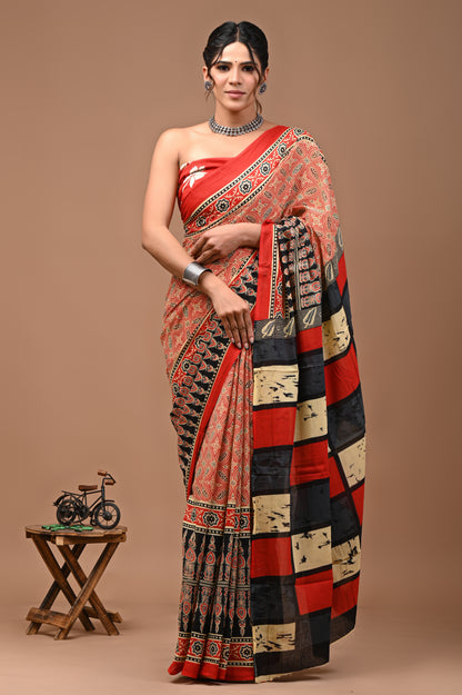 Printed Pure Cotton Mulmul Saree With Blouse - Mj Creation