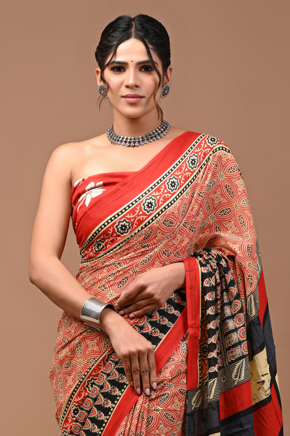 Printed Pure Cotton Mulmul Saree With Blouse - Mj Creation