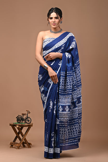 Printed Pure Cotton Mulmul Saree With Blouse - Mj Creation