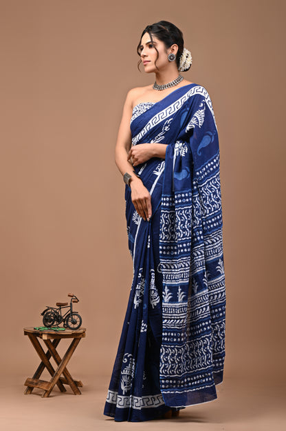 Printed Pure Cotton Mulmul Saree With Blouse - Mj Creation