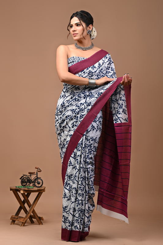 Printed Pure Cotton Mulmul Saree With Blouse - Mj Creation