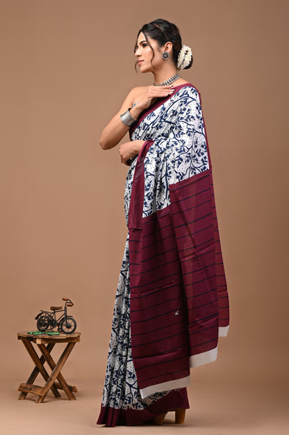 Printed Pure Cotton Mulmul Saree With Blouse - Mj Creation