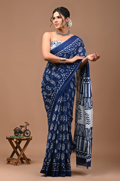 Printed Pure Cotton Mulmul Saree With Blouse - Mj Creation