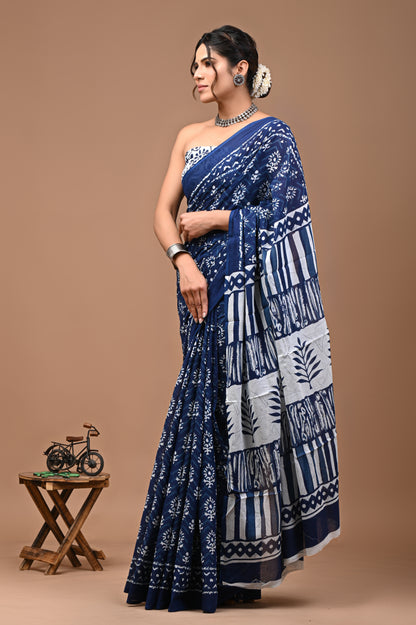 Printed Pure Cotton Mulmul Saree With Blouse - Mj Creation