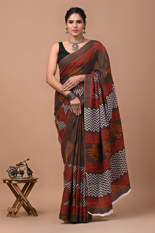 Jaipuri Printed Pure Cotton Mulmul Saree With Blouse