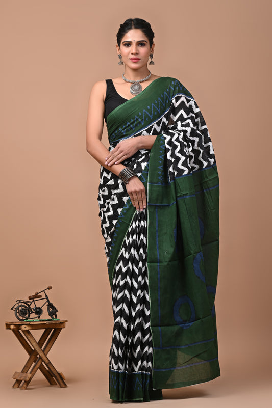 Jaipuri Printed Pure Cotton Mulmul Saree With Blouse