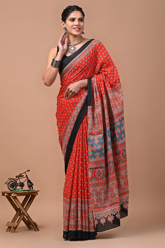 Pure Cotton Ajrak Saree - Lightweight, Eco-Friendly, and Stylish