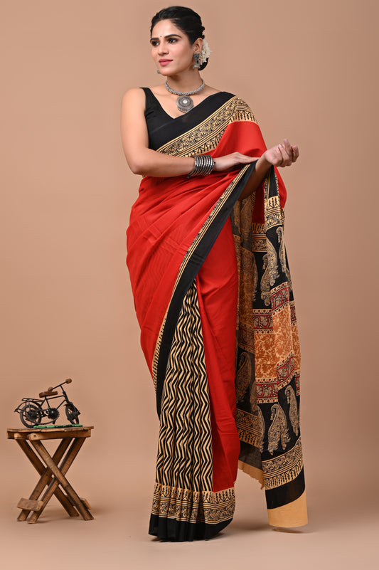 Ajrak Printed Pure Cotton Mulmul Saree - Elegant & Comfortable Wear