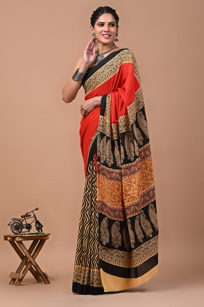 Ajrak Printed Pure Cotton Mulmul Saree - Elegant & Comfortable Wear