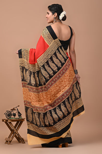 Ajrak Printed Pure Cotton Mulmul Saree - Elegant & Comfortable Wear