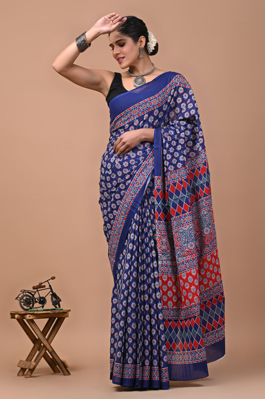 Ajrak Printed Pure Cotton Mulmul Saree – Elegant Ethnic Wear Online