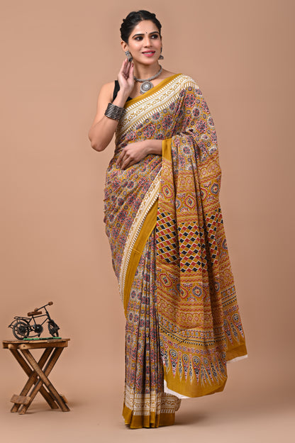 Ajrak Printed Pure Cotton Mulmul Saree – Elegant Ethnic Wear with Blouse