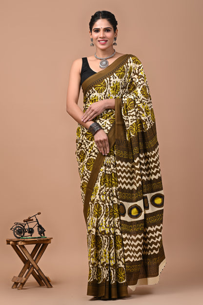 Ajrak Printed Pure Cotton Mulmul Saree With Blouse