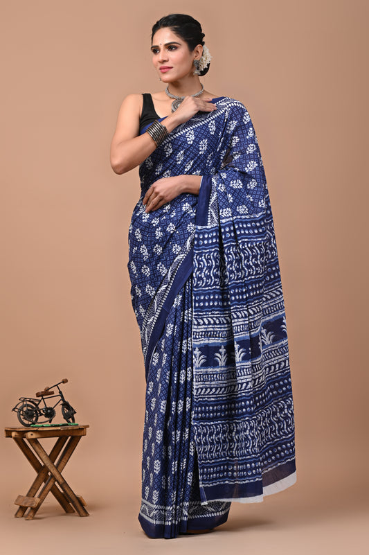 Ajrak Printed Mulmul Cotton Saree with Blouse – Elegant & Comfortable