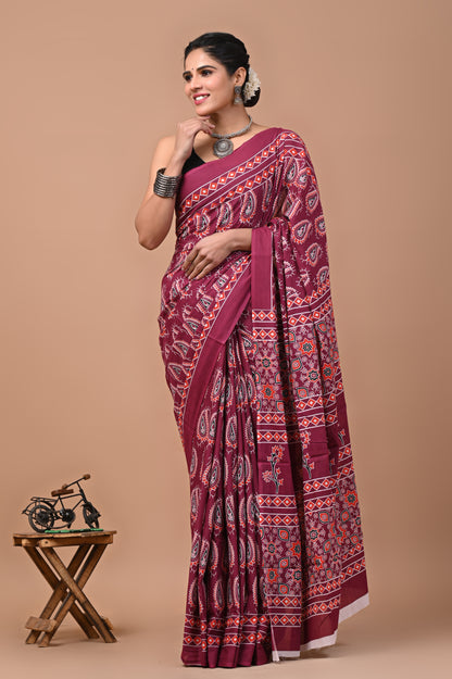 Ajrak Printed Pure Cotton Mulmul Saree With Blouse