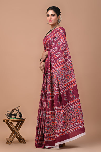 Ajrak Printed Pure Cotton Mulmul Saree With Blouse