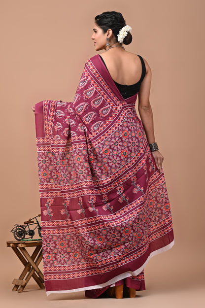 Ajrak Printed Pure Cotton Mulmul Saree With Blouse