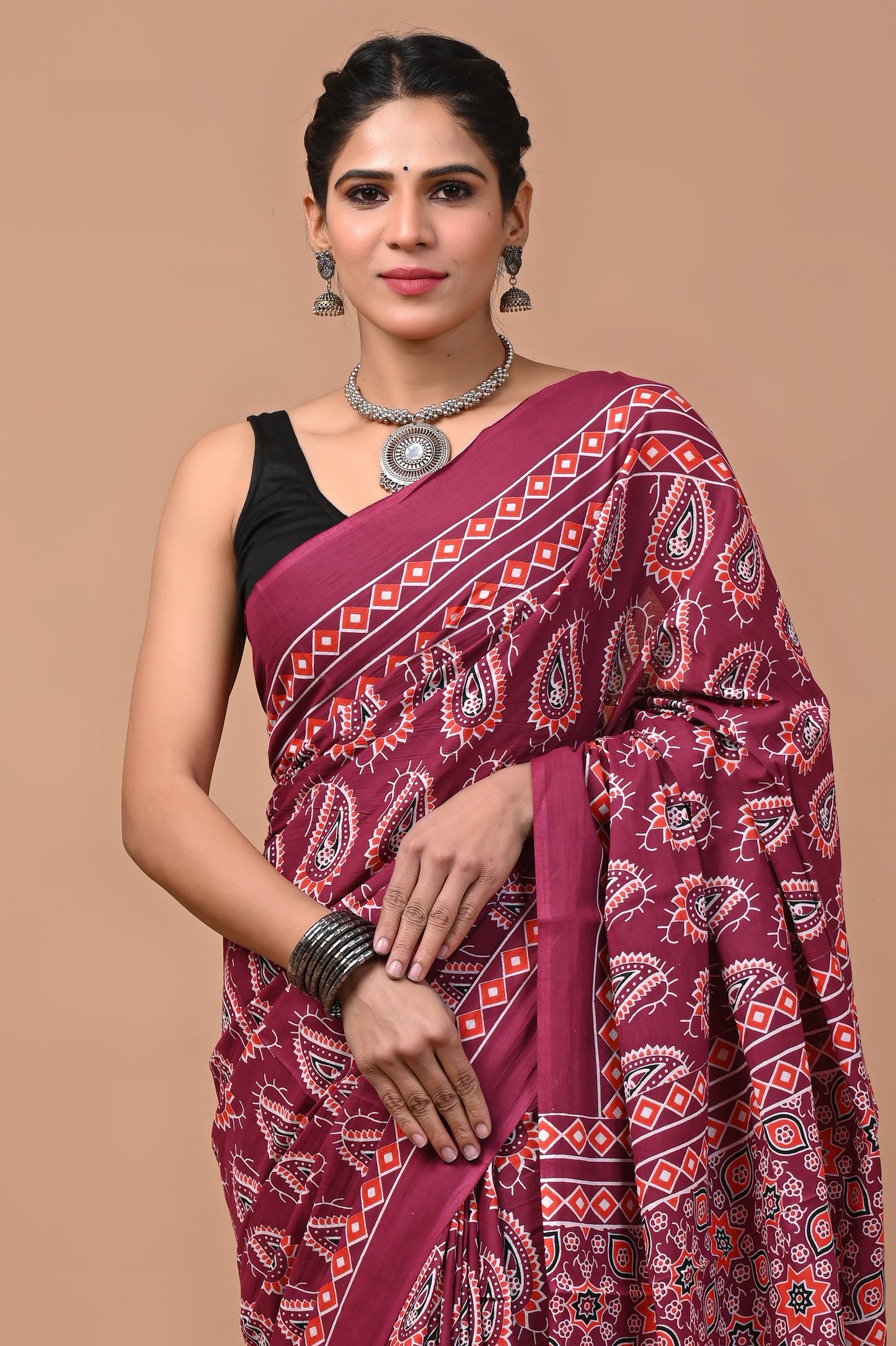 Ajrak Printed Pure Cotton Mulmul Saree With Blouse