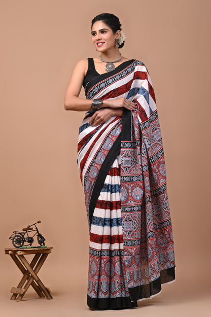 Ajrak Printed Pure Cotton Mulmul Saree with Blouse - Handcrafted Elegance