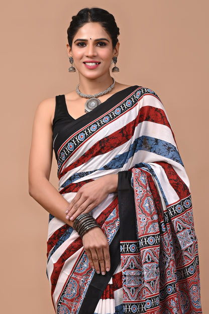 Ajrak Printed Pure Cotton Mulmul Saree with Blouse - Handcrafted Elegance