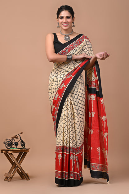 Ajrak Printed Pure Cotton Mulmul Saree With Blouse