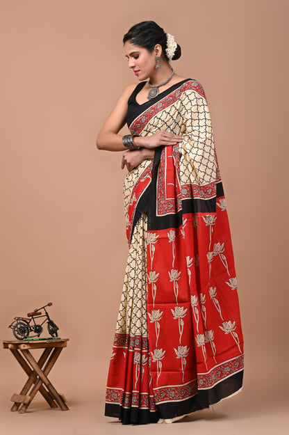 Ajrak Printed Pure Cotton Mulmul Saree With Blouse