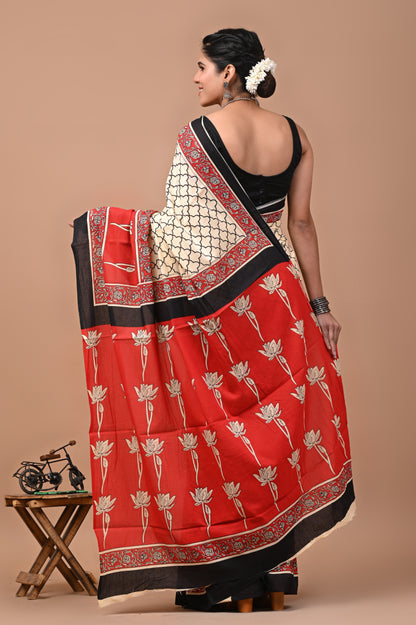 Ajrak Printed Pure Cotton Mulmul Saree With Blouse