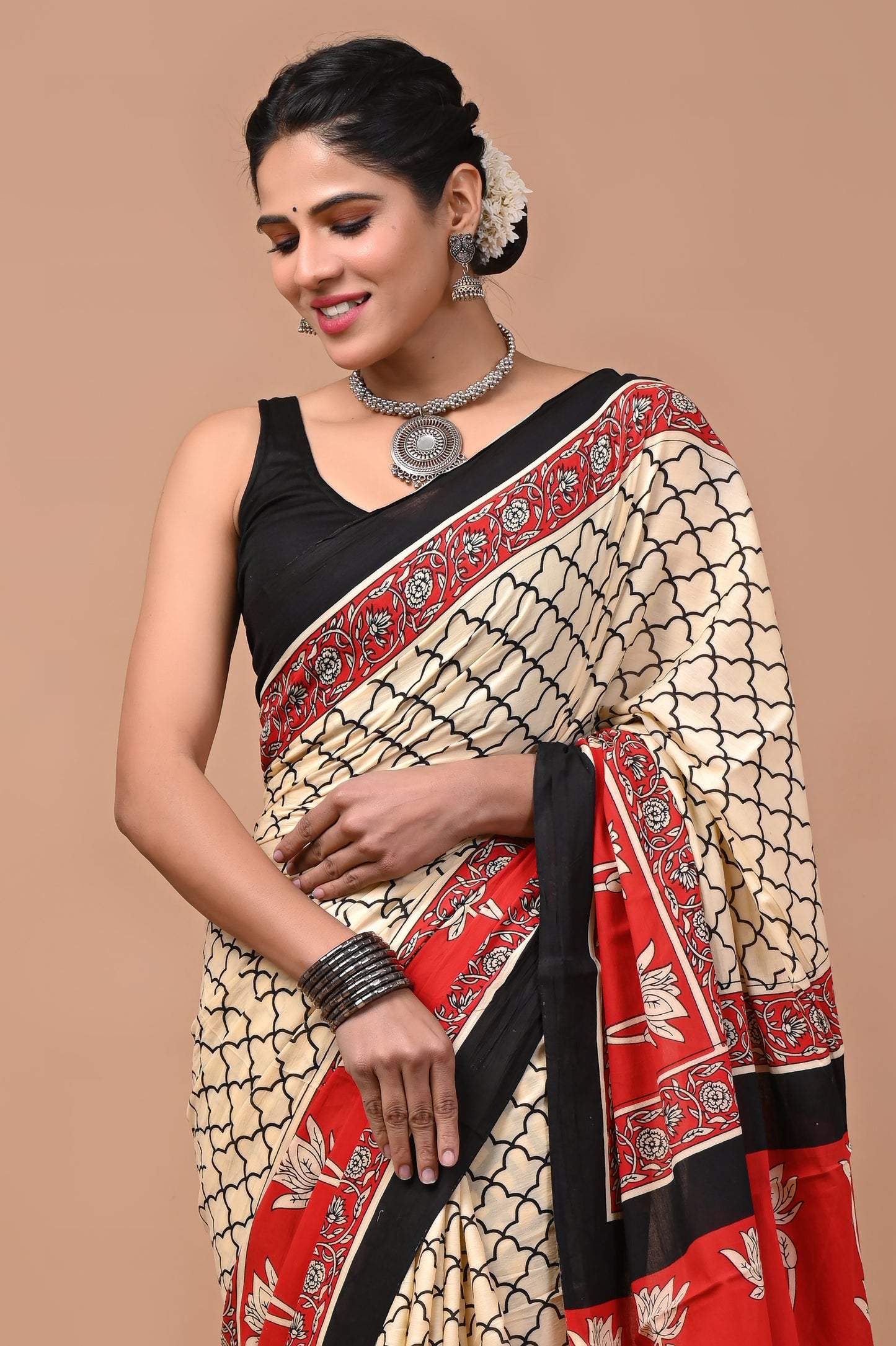 Ajrak Printed Pure Cotton Mulmul Saree With Blouse