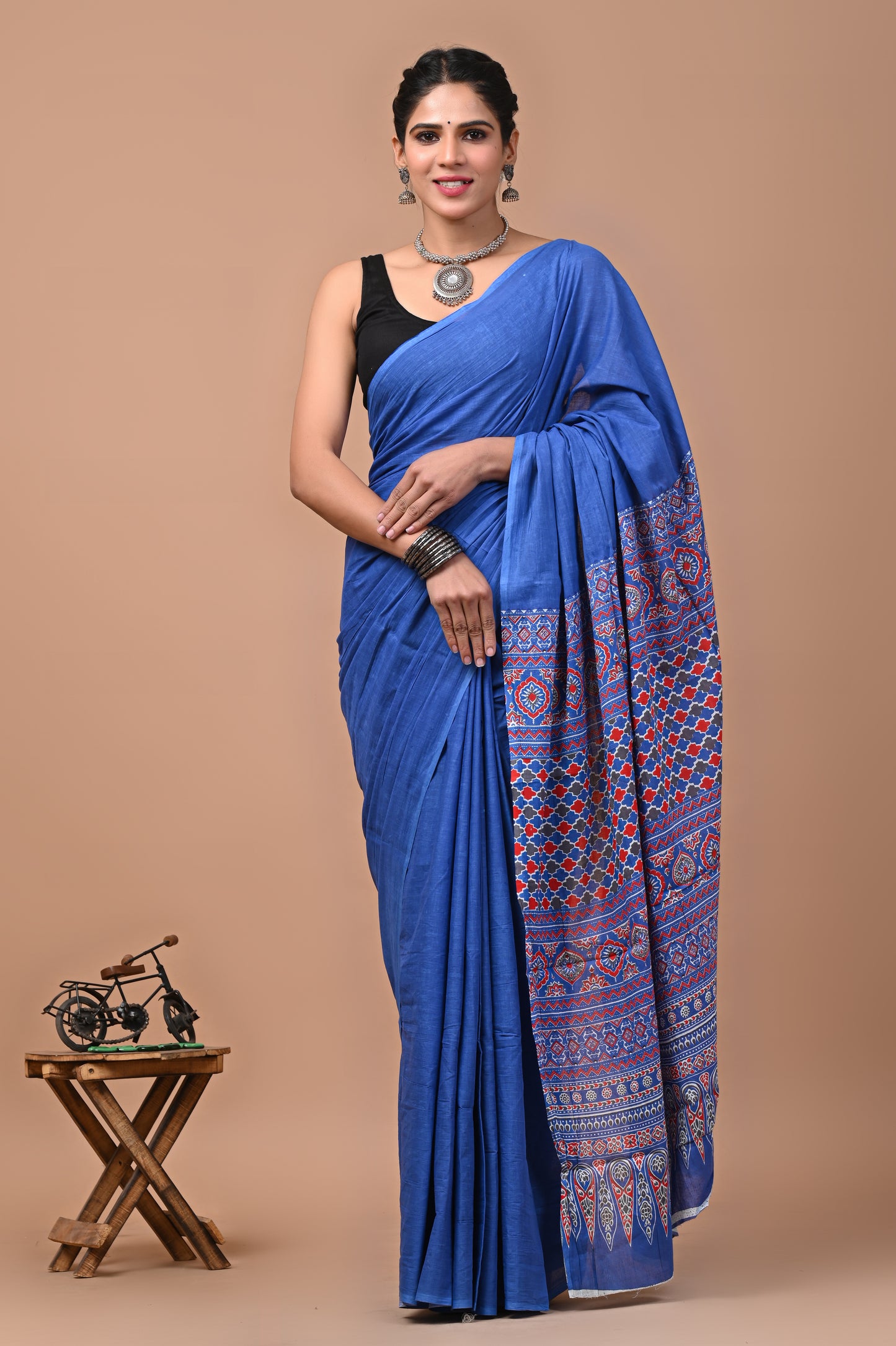 Ajrak Printed Mulmul Cotton Saree with Blouse - Ethnic Hand Block