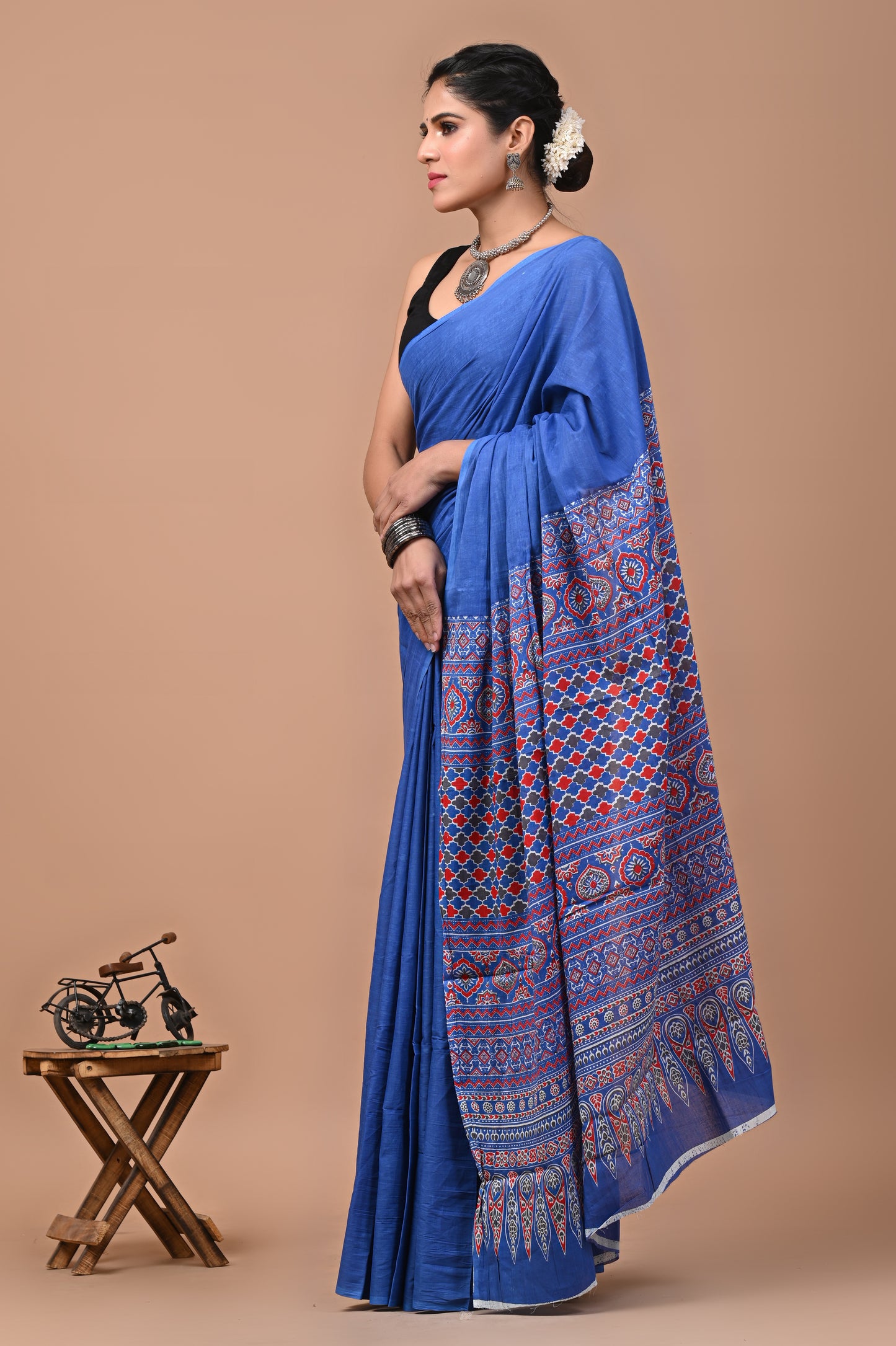 Ajrak Printed Mulmul Cotton Saree with Blouse - Ethnic Hand Block