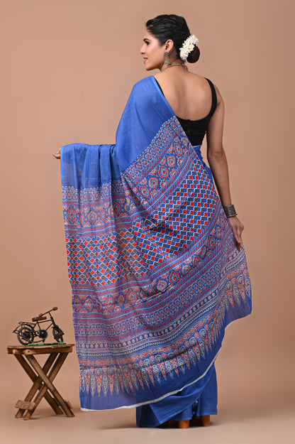 Ajrak Printed Mulmul Cotton Saree with Blouse - Ethnic Hand Block