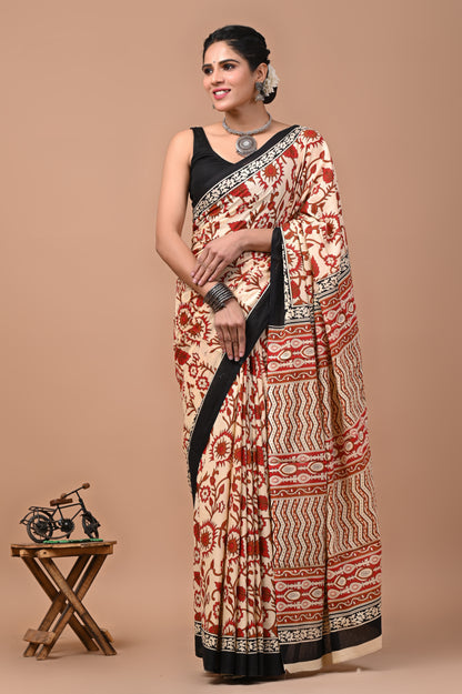 Ajrak Printed Pure Cotton Mulmul Saree With Blouse