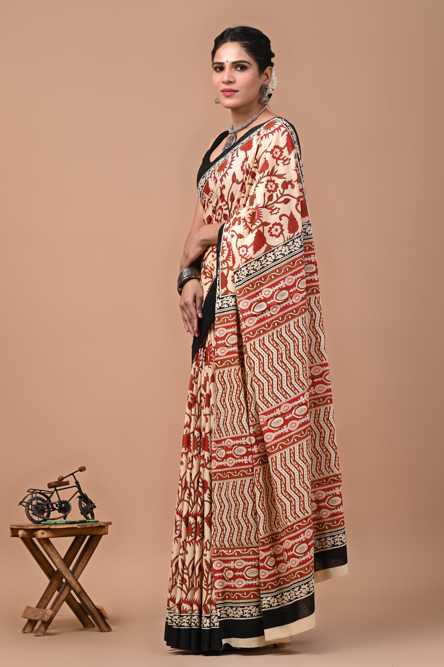 Ajrak Printed Pure Cotton Mulmul Saree With Blouse